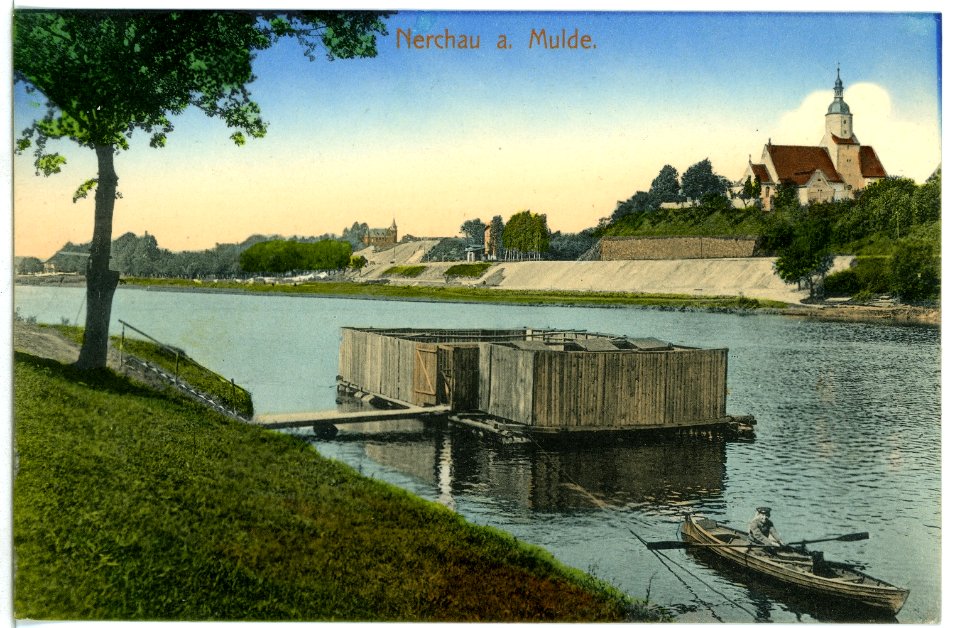 09234-Nerchau-1907-Blick über die Mulde zur Kirche-Brück & Sohn Kunstverlag