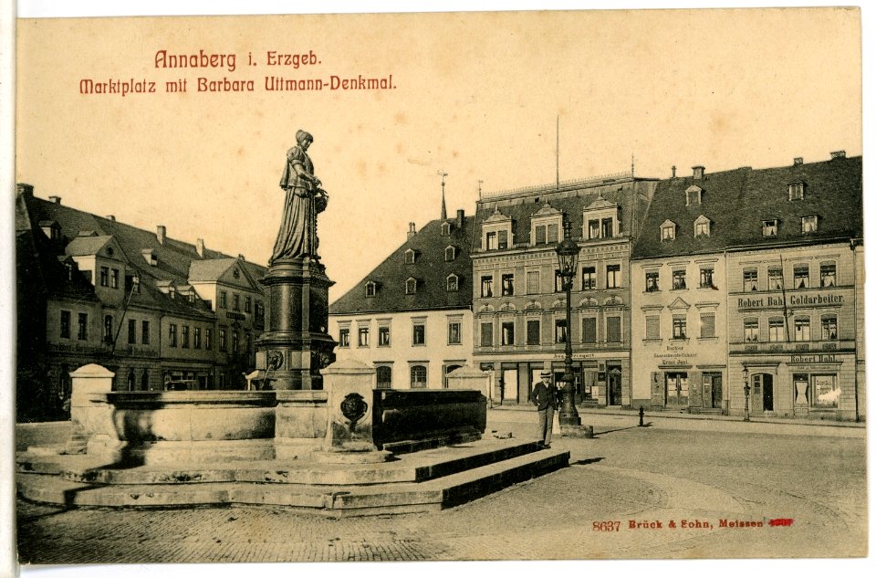 08637-Annaberg-1907-Marktplatz mit Barbara Uttmann - Denkmal-Brück & Sohn Kunstverlag