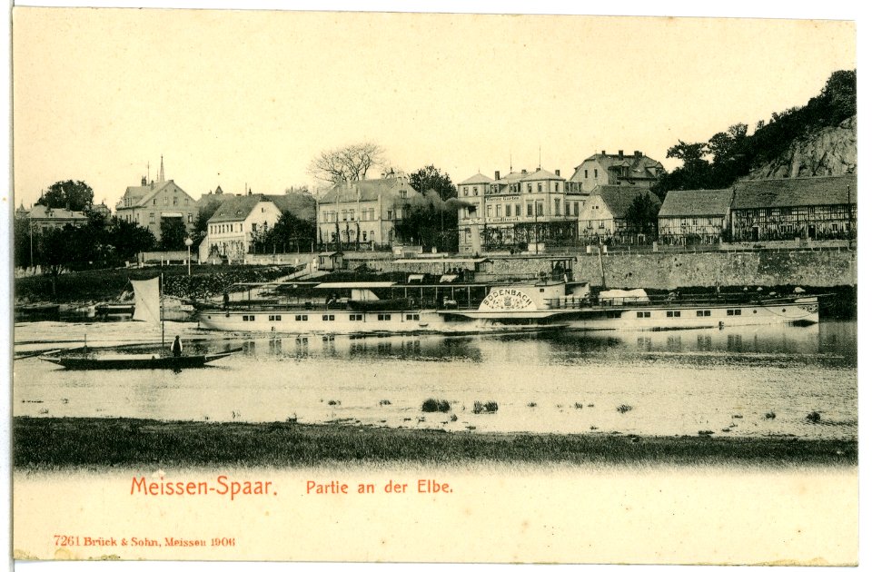 07261-Meißen-1906-Elbblick nach Spaar mit Dampfer Bodenbach-Brück & Sohn Kunstverlag