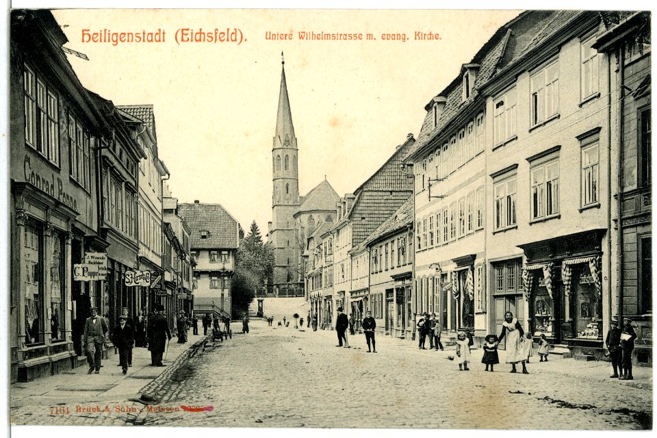 07164-Heiligenstadt-1906-Untere Wilhelmstraße mit evangelischer Kirche-Brück & Sohn Kunstverlag