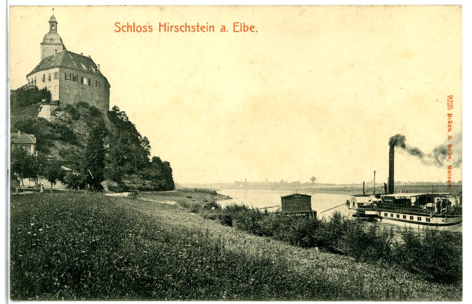 09225-Hirschstein-1907-Schloß mit Elbedampfer-Brück & Sohn Kunstverlag