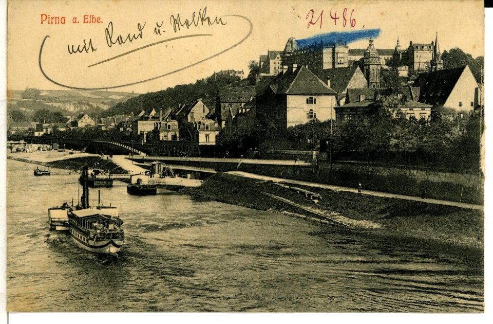 07870-Pirna-1906-Sonnenstein, Elbe mit Dampfer-Brück & Sohn Kunstverlag
