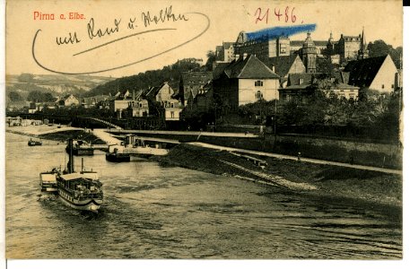 07870-Pirna-1906-Sonnenstein, Elbe mit Dampfer-Brück & Sohn Kunstverlag
