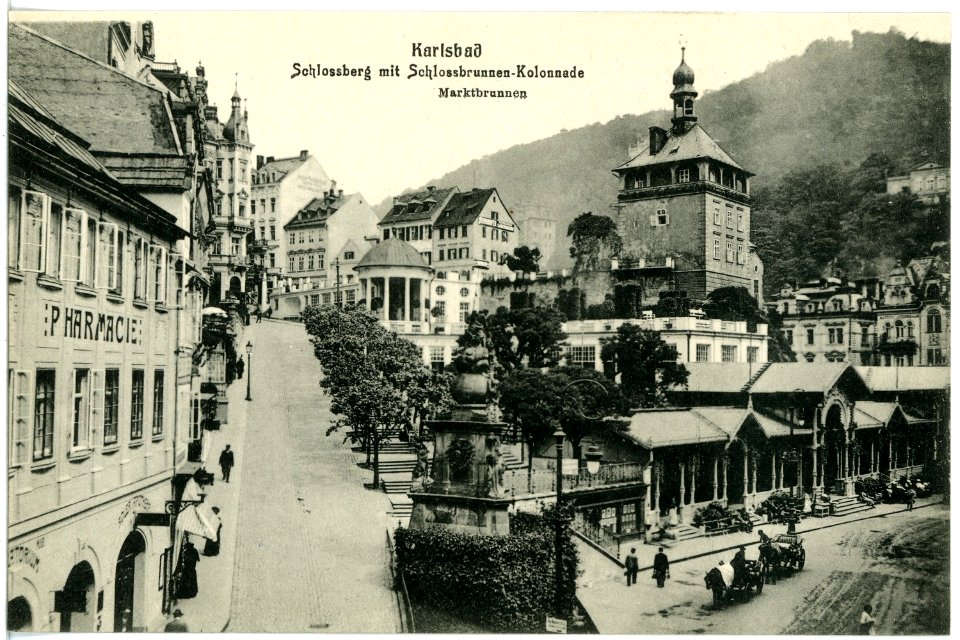 18074-Karlsbad-1914-Schloßberg, Marktbrunnen, Kolonade-Brück & Sohn Kunstverlag