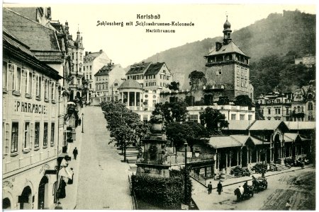 18074-Karlsbad-1914-Schloßberg, Marktbrunnen, Kolonade-Brück & Sohn Kunstverlag