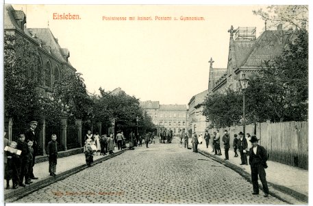 06629-Eisleben-1905-Poststraße mit Postamt und Gymnasium-Brück & Sohn Kunstverlag