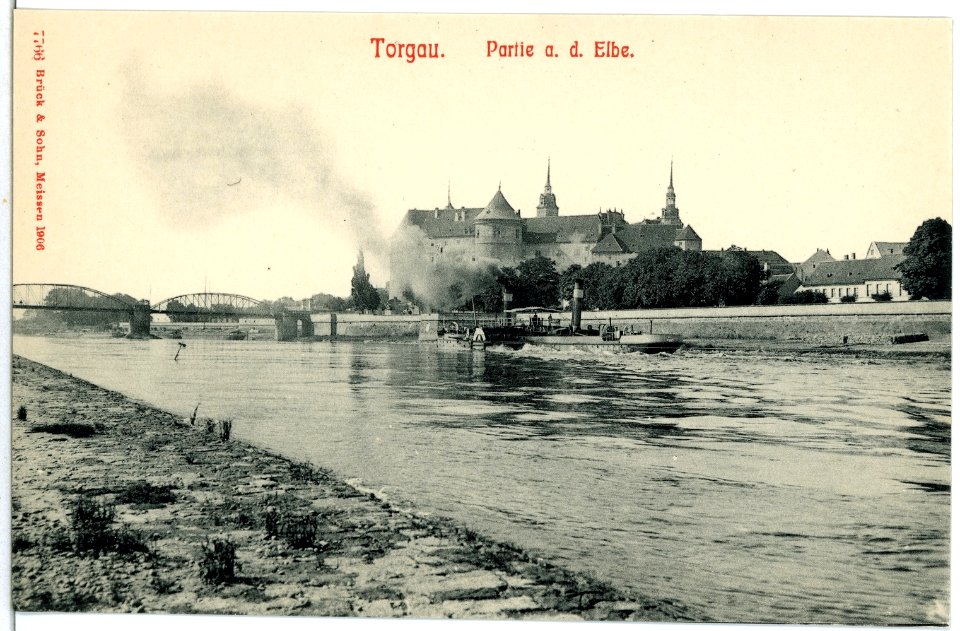 07766-Torgau-1906-Elbe mit Schlepper, Brücke und Schloß-Brück & Sohn Kunstverlag