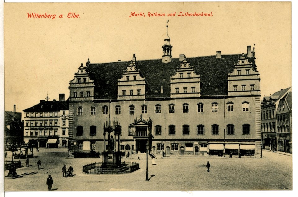 07947-Wittenberg-1906-Markt mit Rathaus und Lutherdenkmal-Brück & Sohn Kunstverlag
