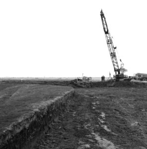 Recreatieterreinen, vliegvelden ed, aanleg taxibanen, draglines, arbeiders, Lu, Bestanddeelnr 163-1128