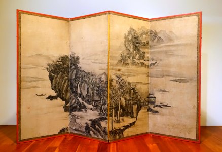 River landscape, circle of Soga Shohaku, 1700s AD, folding screen adapted from sliding panels, ink on paper - Dallas Museum of Art - DSC05108