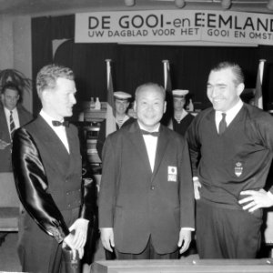 1965 World Three-cushion Championship, v.l.n.r. Henny de Rujter (NLD), Koya Ogata (JPN), Cees van Oosterhout (NLD), Bestanddeelnr 917-7604