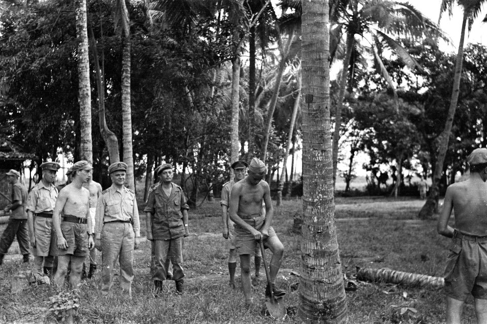 2e Infanterie BrigadegroepGeneraal Kruls bekijkt het vellen van een palmboom, Bestanddeelnr 4305