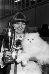 58ste Felikattent. in RAI A'dam, winnares met mooiste kat van Europa, Gerda Beek, Bestanddeelnr 931-1365