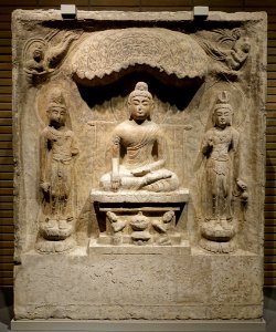 Buddha triad in a niche, Baoqingsi temple, Xi'an, Shaanxi province, China, Tang dynasty, 700s AD, limestone DSC08719 photo