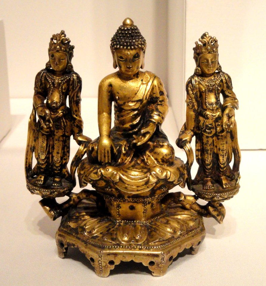 Buddhist Triad - Seated Buddha Shakyamuni Flanked by Two Standing Bodhisattvas, mid 15th century, Choson dynasty, Korea, gilt silver - Sackler Museum - DSC02568