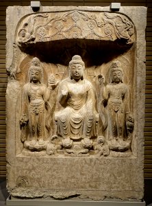 Buddha triad in a niche, Baoqingsi temple, Xi'an, Shaanxi province, China, Tang dynasty, dated 704 AD, limestone DSC08722 photo
