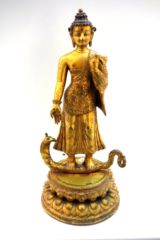 Buddha Standing on a Serpent, Tibet, c. 1600, gilt bronze - Brooklyn Museum - Brooklyn, NY - DSC08296