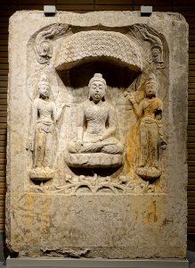 Buddha triad in a niche, Baoqingsi temple, Xi'an, Shaanxi province, China, Tang dynasty, 700s AD, limestone DSC08716 photo