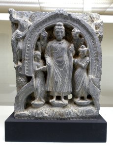 Buddha visiting family in Kapilavastu (probably), Gandhara, c. 3rd century AD, gray schist - Matsuoka Museum of Art - Tokyo, Japan - DSC07193 photo