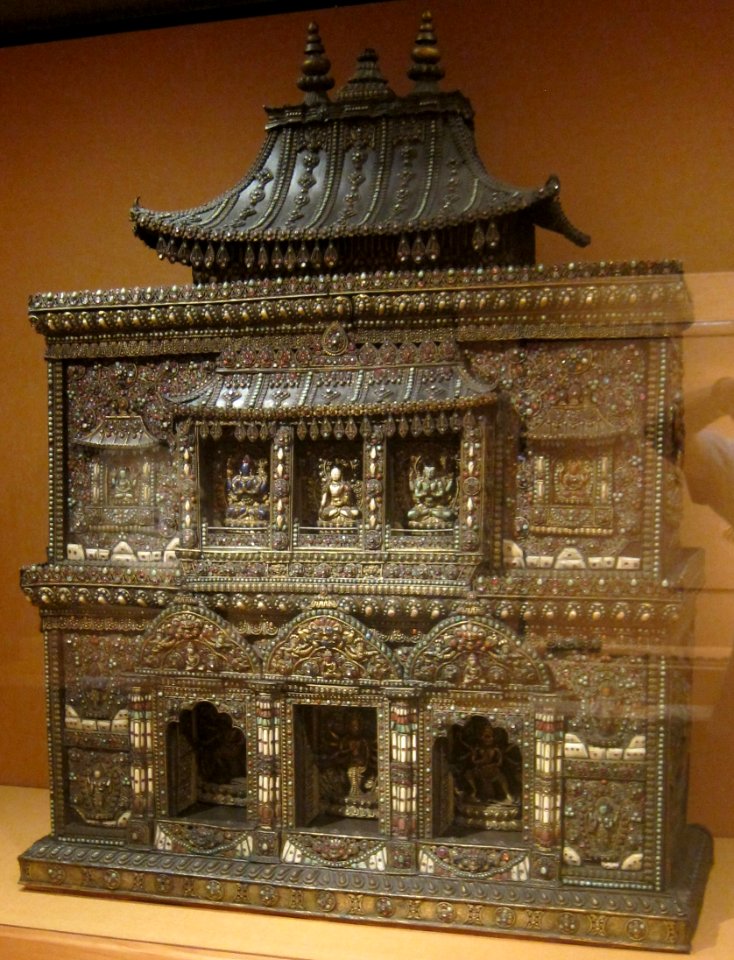 Buddhist altar from Nepal, late Malla-early Shah period, 18th-19th century, wood, copper, turquoise, ivory, lapis lazuli and coral, HAA