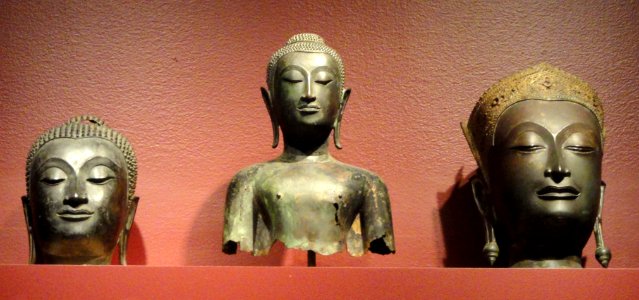 Buddha Heads - left Ayutthaya, Thailand, 15th century, center northern Thailand or Laos, 17th century, right Ayutthaya 15th-16th century, all bronze - San Diego Museum of Art - DSC06440