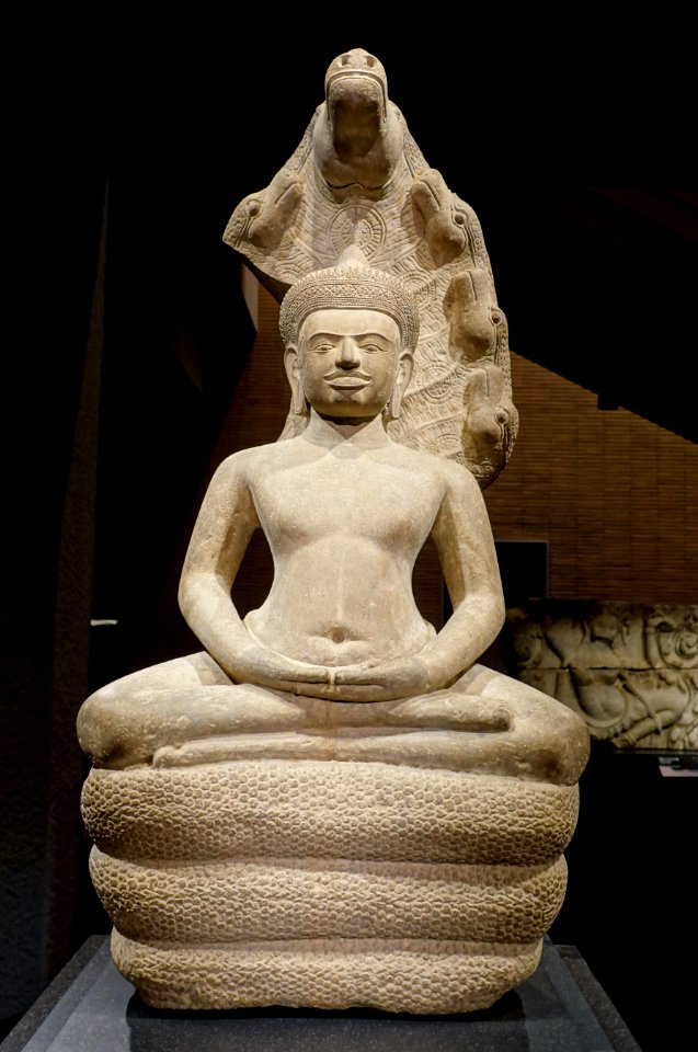 Buddha seated on Naga, Terrace No. 61, southeastern section of Angkor Thom, Cambodia, Angkor period, 1100s AD, sandstone - Tokyo National Museum - Tokyo, Japan - DSC08779