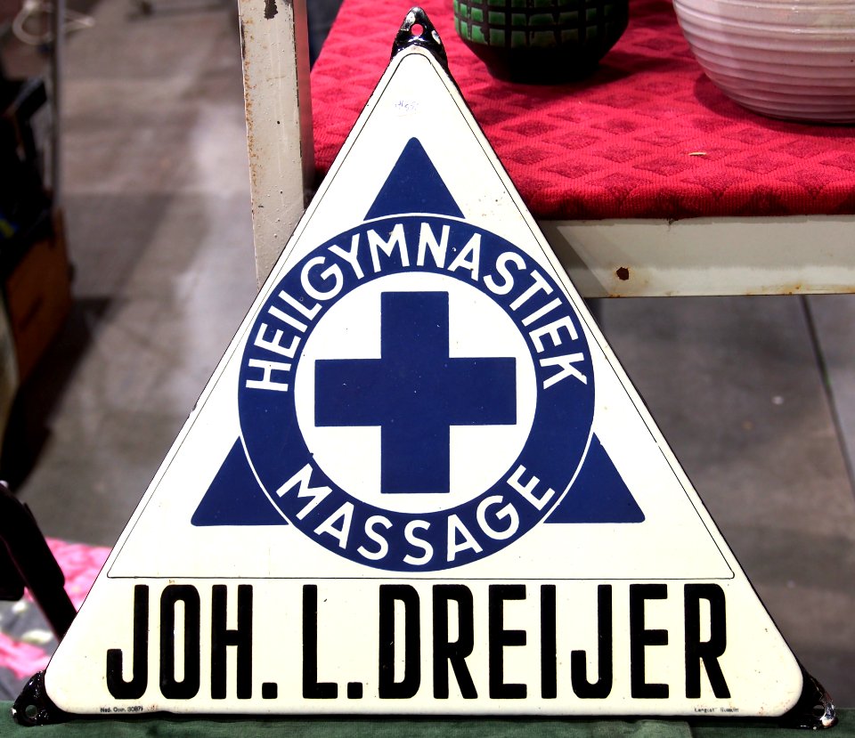Enamel advertising sign, Heilgymnastiek, Massage, Joh L Dreijer, Langcat Bussum