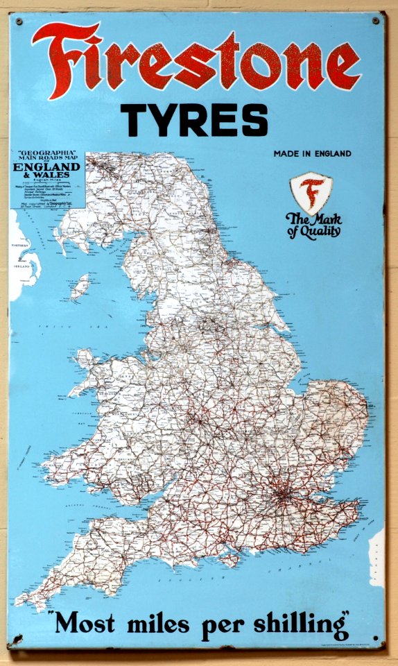 Enamel advert Firestone tyres. Most miles per shiling