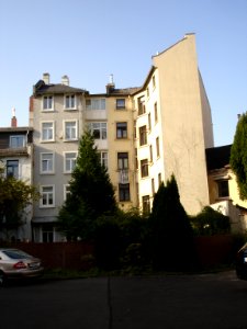 Frankfurt-Bockenheim, Hinterhof Mühlgasse mit Blick auf Leipziger Straße, Friesenstraße