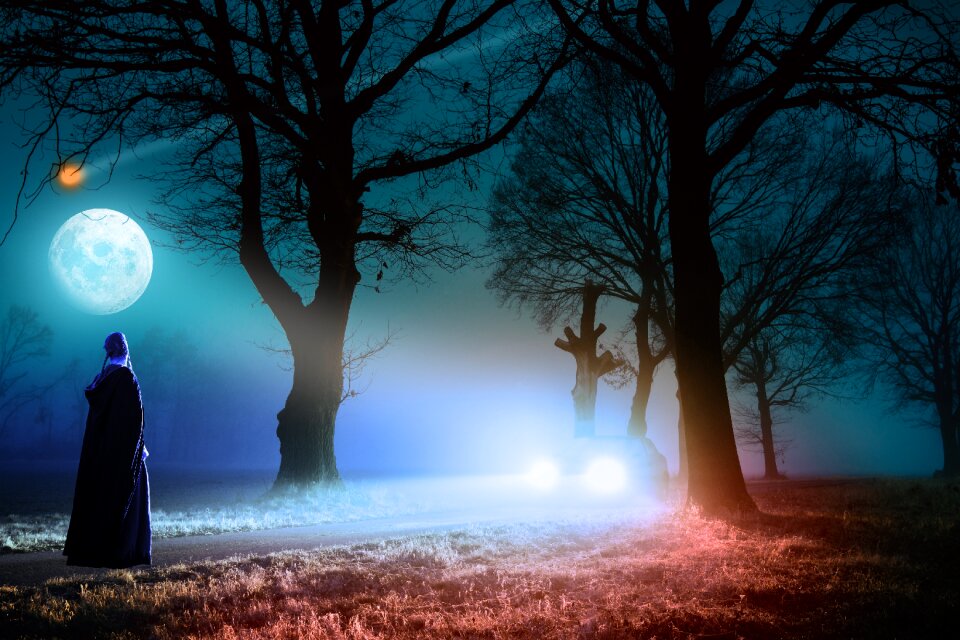 Car night full moon