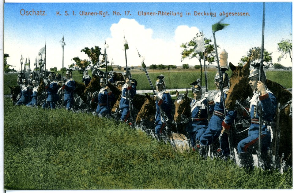 14798-Oschatz-1912-Ulanen-Abteilung in Deckung abgesessen-Brück & Sohn Kunstverlag