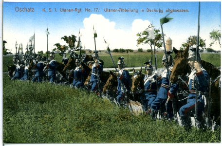 14798-Oschatz-1912-Ulanen-Abteilung in Deckung abgesessen-Brück & Sohn Kunstverlag