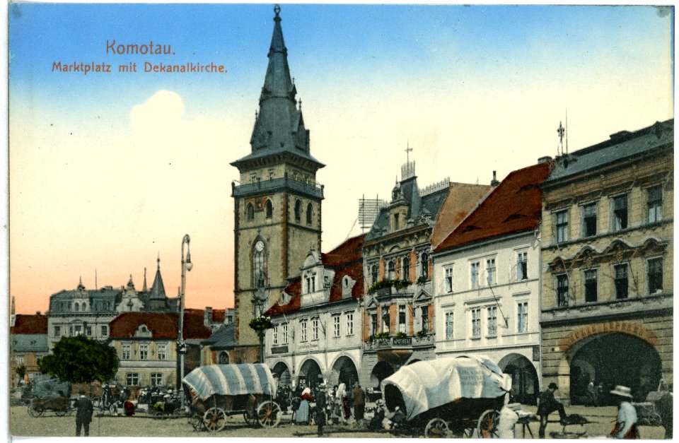 14332-Komotau-1912-Markt und Dekanalkirche-Brück & Sohn Kunstverlag