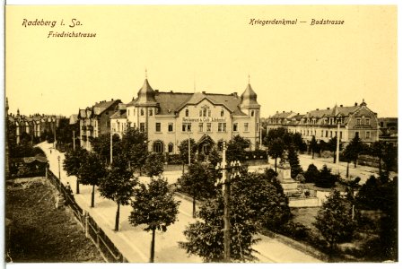 15020-Radeberg-1912-Friedrichstraße, Badstraße, Kriegerdenkmal-Brück & Sohn Kunstverlag