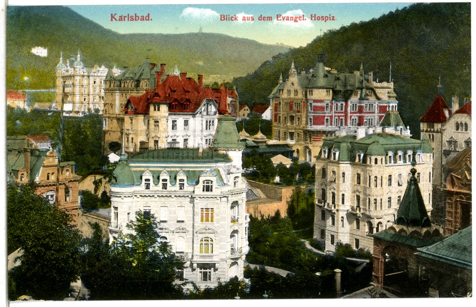 14483-Karlsbad-1912-Blick aus dem evangelischen Hospiz-Brück & Sohn Kunstverlag