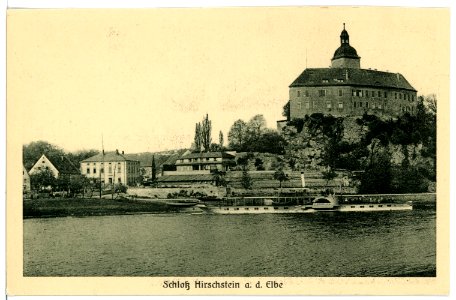 15728-Hirschstein-1913-Schloß mit Elbe und Dampfer Habsburg-Brück & Sohn Kunstverlag