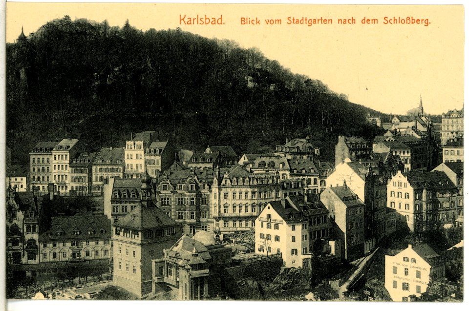 14518-Karlsbad-1912-Blick vom Stadtgarten nach dem Schloßberg-Brück & Sohn Kunstverlag