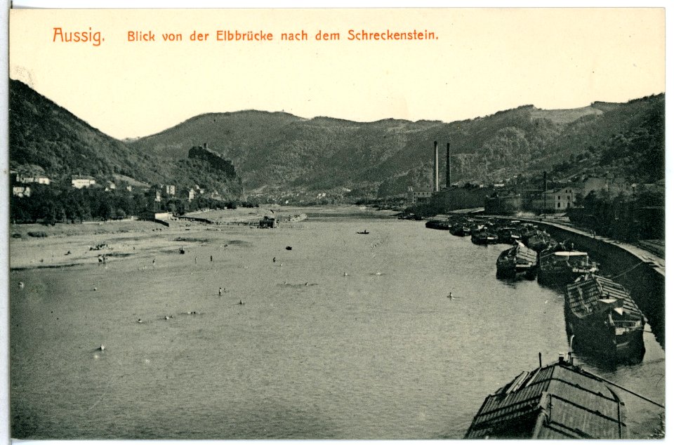 14318-Aussig-1912-Blick von der Elbbrücke mit Schreckenstein-Brück & Sohn Kunstverlag