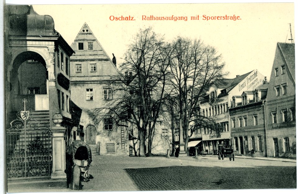 14425-Oschatz-1912-Rathausaufgang und Sporerstraße-Brück & Sohn Kunstverlag