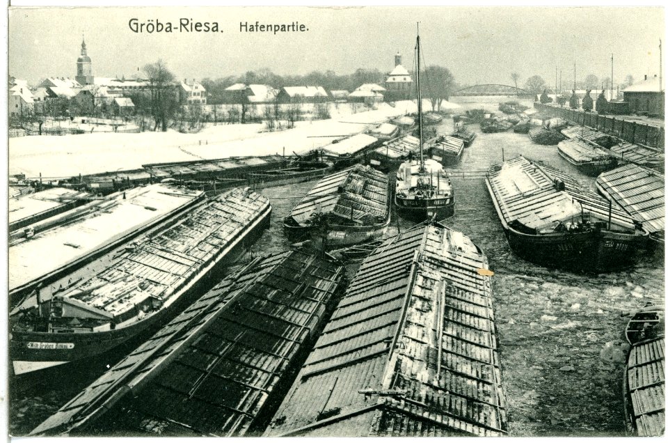 14349-Gröba-1912-Hafen im Winter mit Lastkähnen-Brück & Sohn Kunstverlag