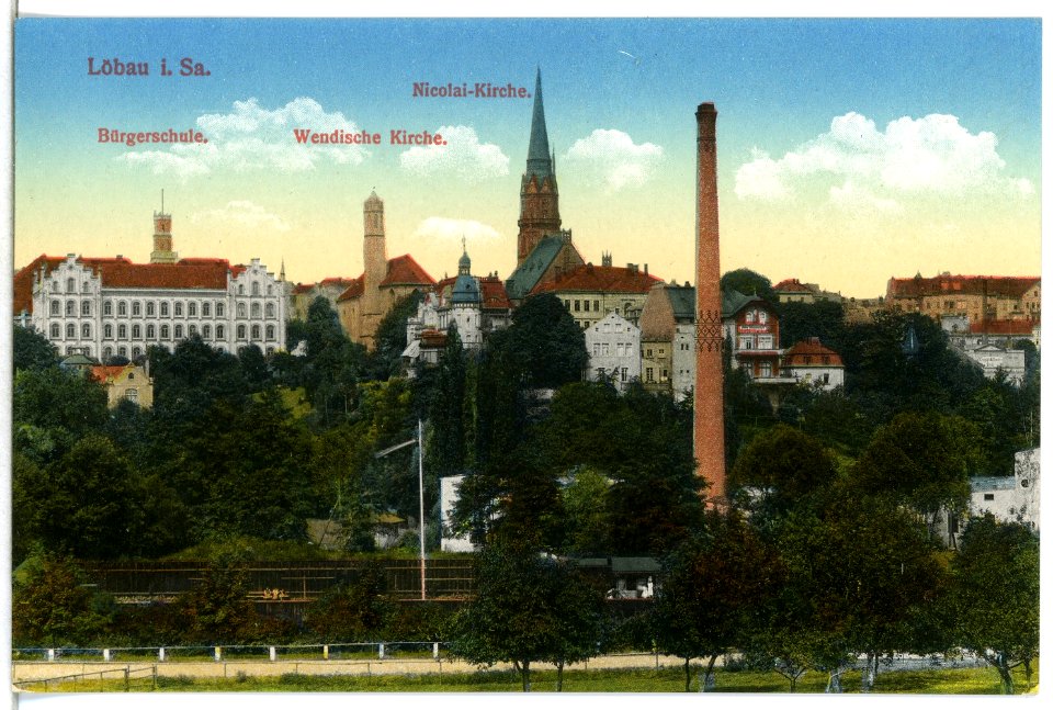 15277-Löbau-1912-Wendische Kirche, Bürgerschule, Nicolaikirche-Brück & Sohn Kunstverlag