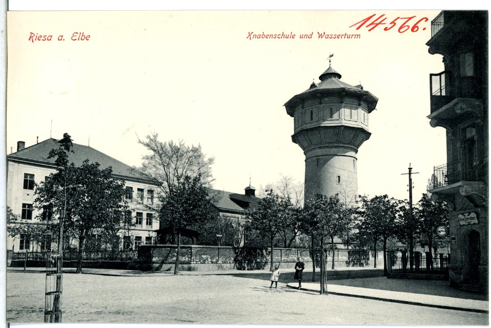 14566-Riesa-1912-Wasserturm und Knabenschule-Brück & Sohn Kunstverlag