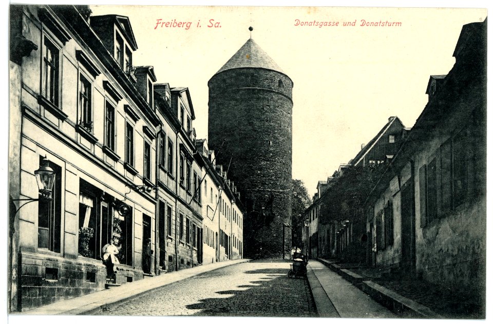 15628-Freiberg-1913-Donatsgasse und Donatsturm-Brück & Sohn Kunstverlag