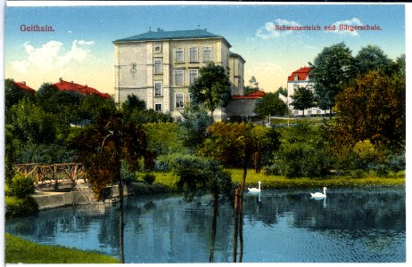 15046-Geithain-1912-Schwananteich und Bürgerschule-Brück & Sohn Kunstverlag