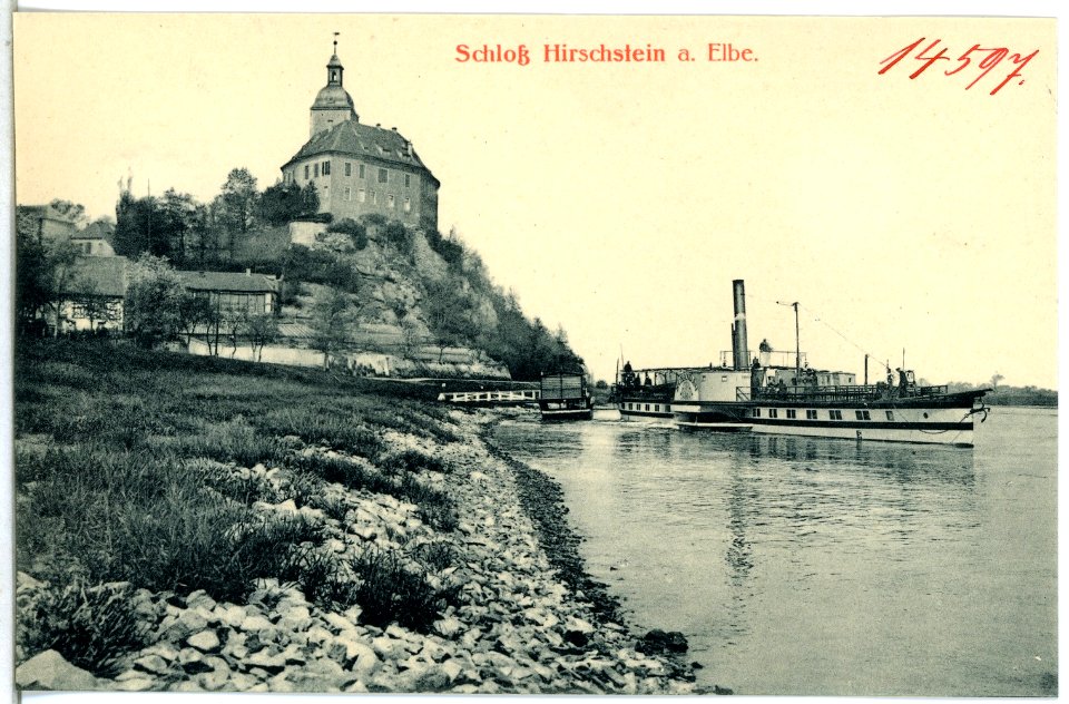 14597-Hirschstein-1912-Schloß mit Elbe und Dampfer Schandau-Brück & Sohn Kunstverlag