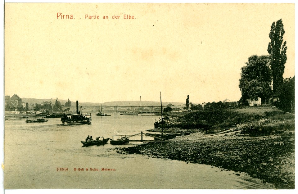 10368-Pirna-1908-Elbe mit Dampfer und Fähre-Brück & Sohn Kunstverlag