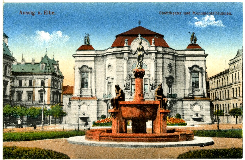 14499-Aussig-1912-Stadttheater und Monumentalbrunnen-Brück & Sohn Kunstverlag