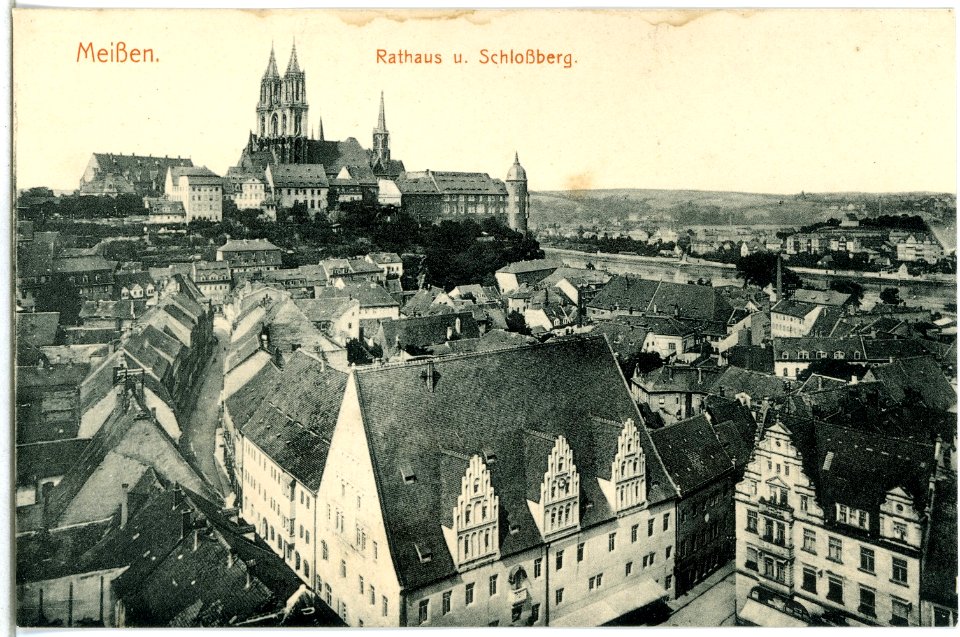 14837-Meißen-1912-Markt mit Rathaus - Blick zu Albrechtsburg und Dom-Brück & Sohn Kunstverlag