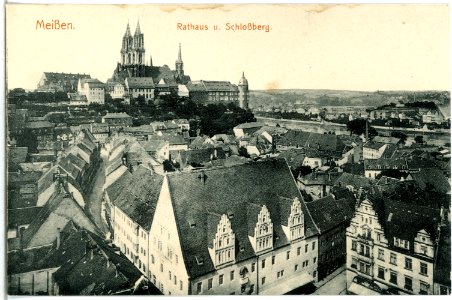 14837-Meißen-1912-Markt mit Rathaus - Blick zu Albrechtsburg und Dom-Brück & Sohn Kunstverlag