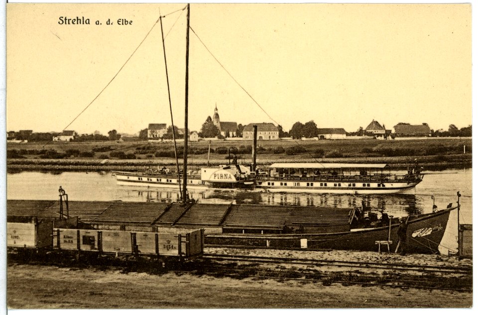 10191-Strehla-1908-Elbe mit Frachtkahn und Dampfer Pirna-Brück & Sohn Kunstverlag
